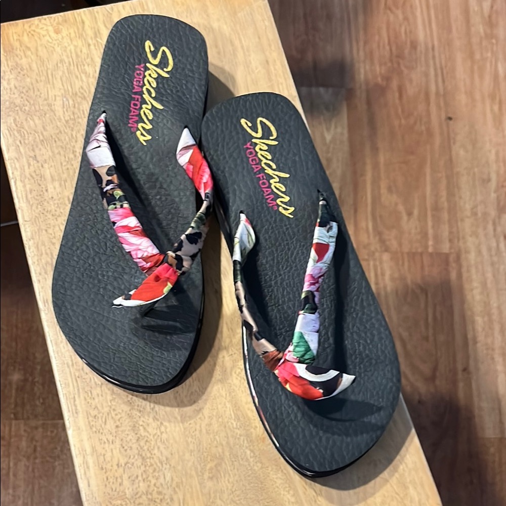 Skechers Black and Red Sandals with Tropical Design